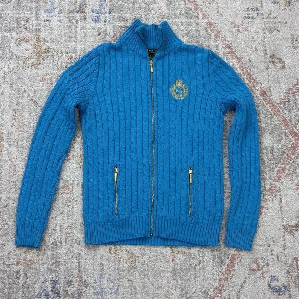 Lauren Ralph Lauren XS Blue Cotton Cable Knit Mock Neck Zip Up Sweater Jacket